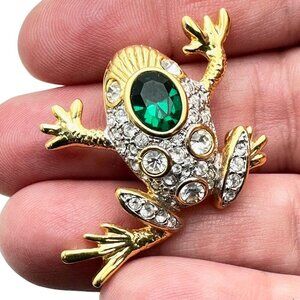 Unsigned Spinx Womens Pin Gold Tone Green Clear Rhinestone Frog Brooch